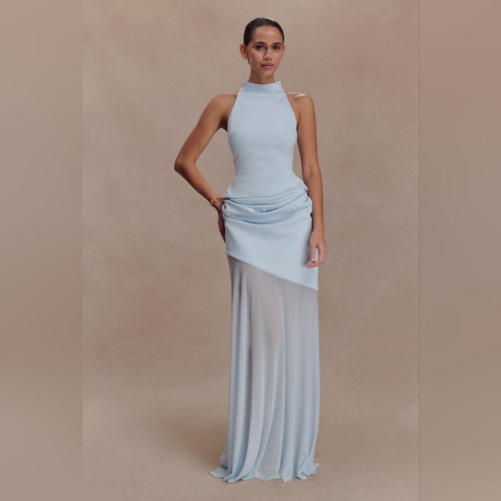 Halter Neck Light Blue Evening Skirt Set